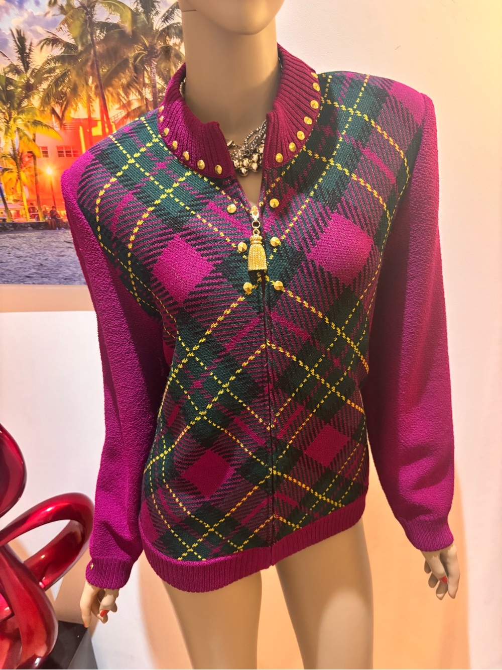sweater cardigan plaid wool designer St John pink green L 12 jacket blazer